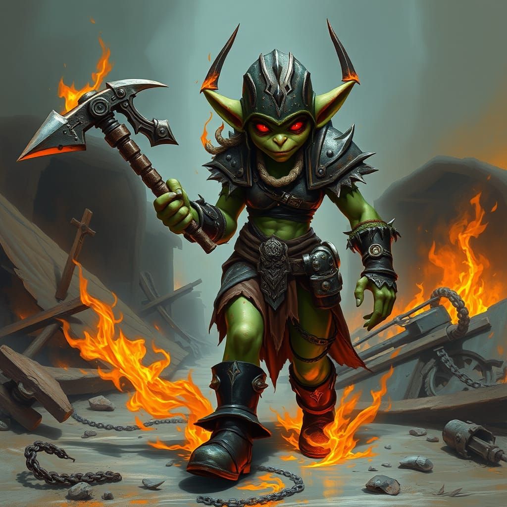 Flame-Scarred Goblin Warrior in Soot-Covered Armor, Blazing ...