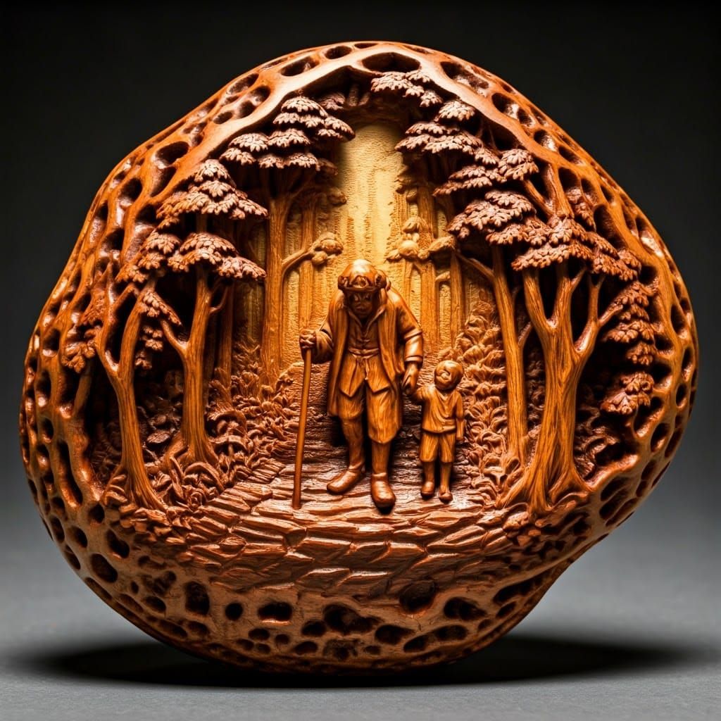 Ornate Wood Carving of Grandfather and Grandson