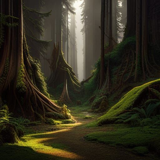 Epic Redwood Forest Concept Art in Dark Fantasy Style