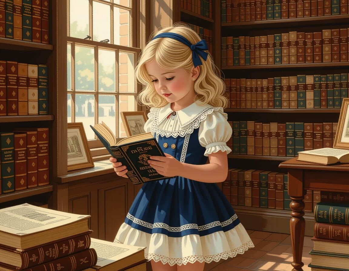 Charming Girl Browsing Antique Books in Oil Painting Style