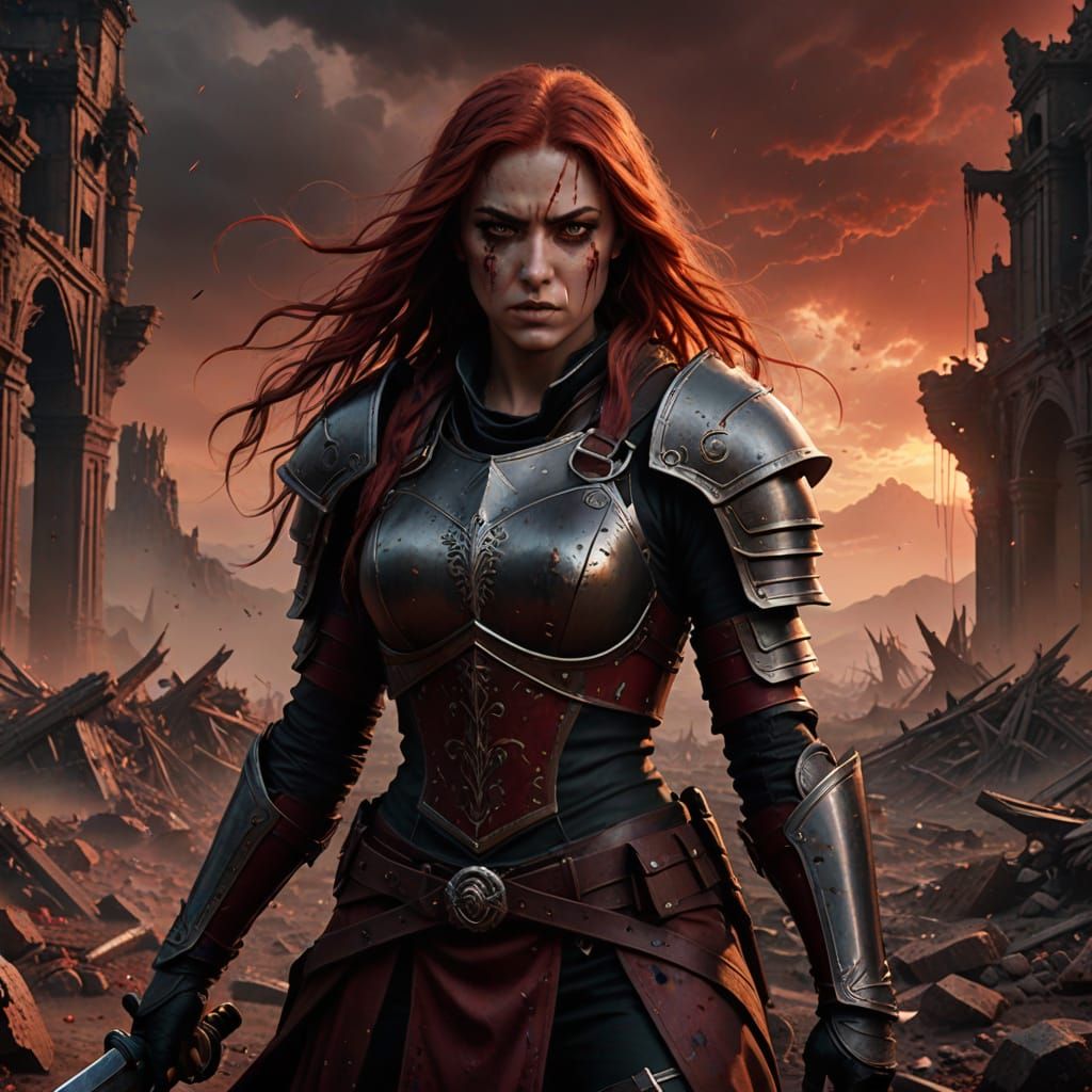 Fierce Dark Fantasy Warrior in Crimson Hues