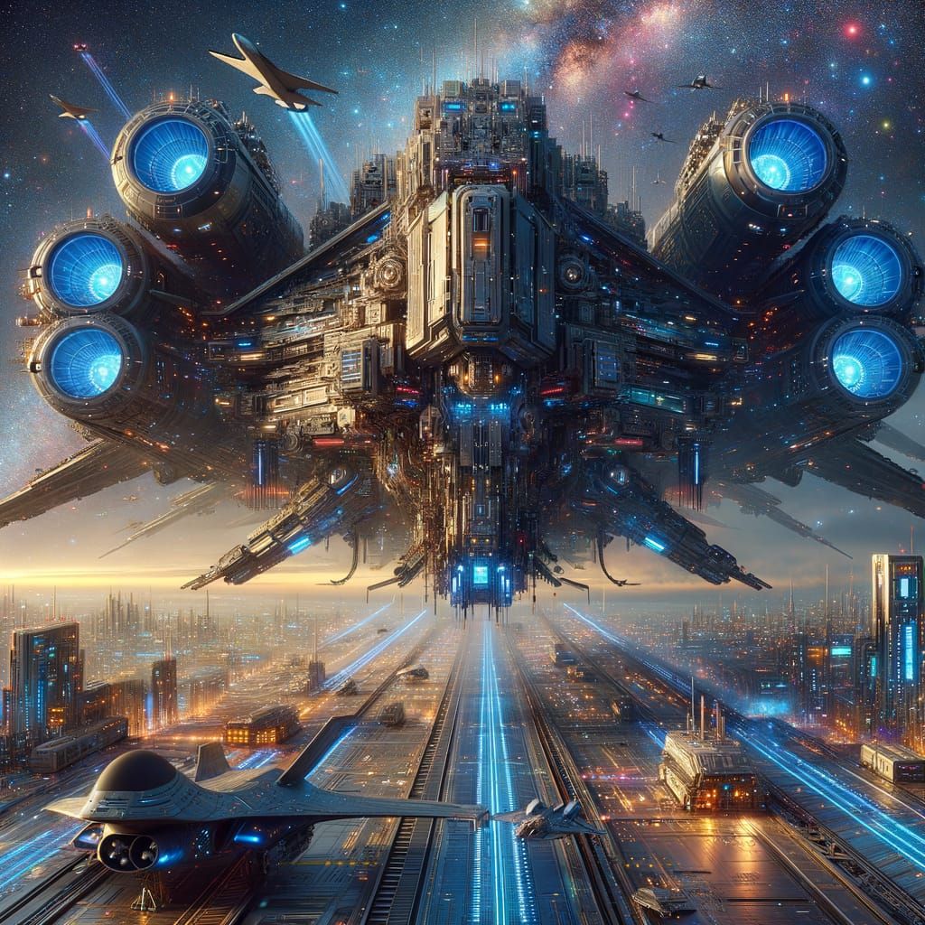 Colossal Transforming Spaceship Over Neon Cityscape