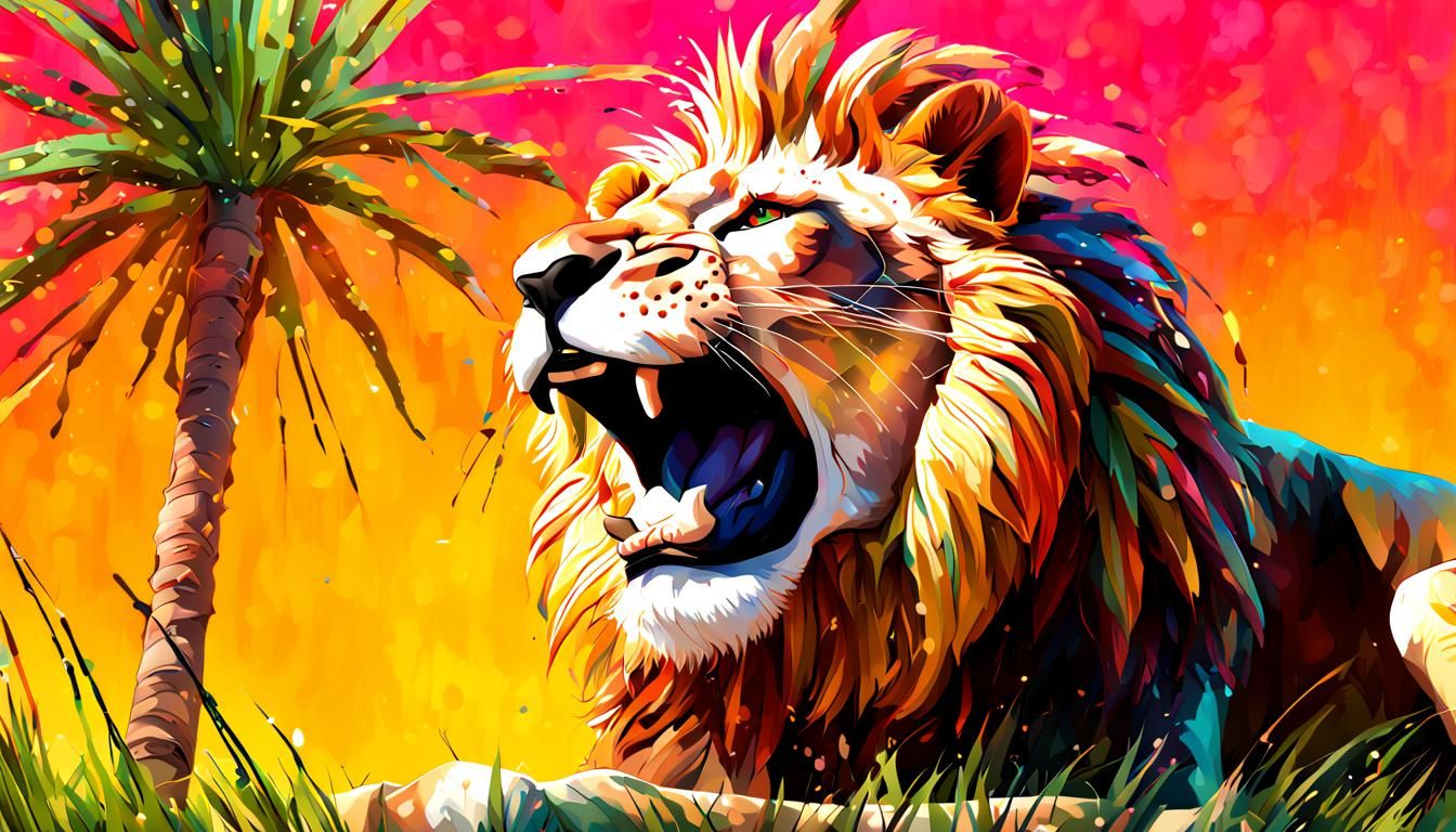 Lioness and Cubs Play with Rifle, Hyperrealistic Splash Art