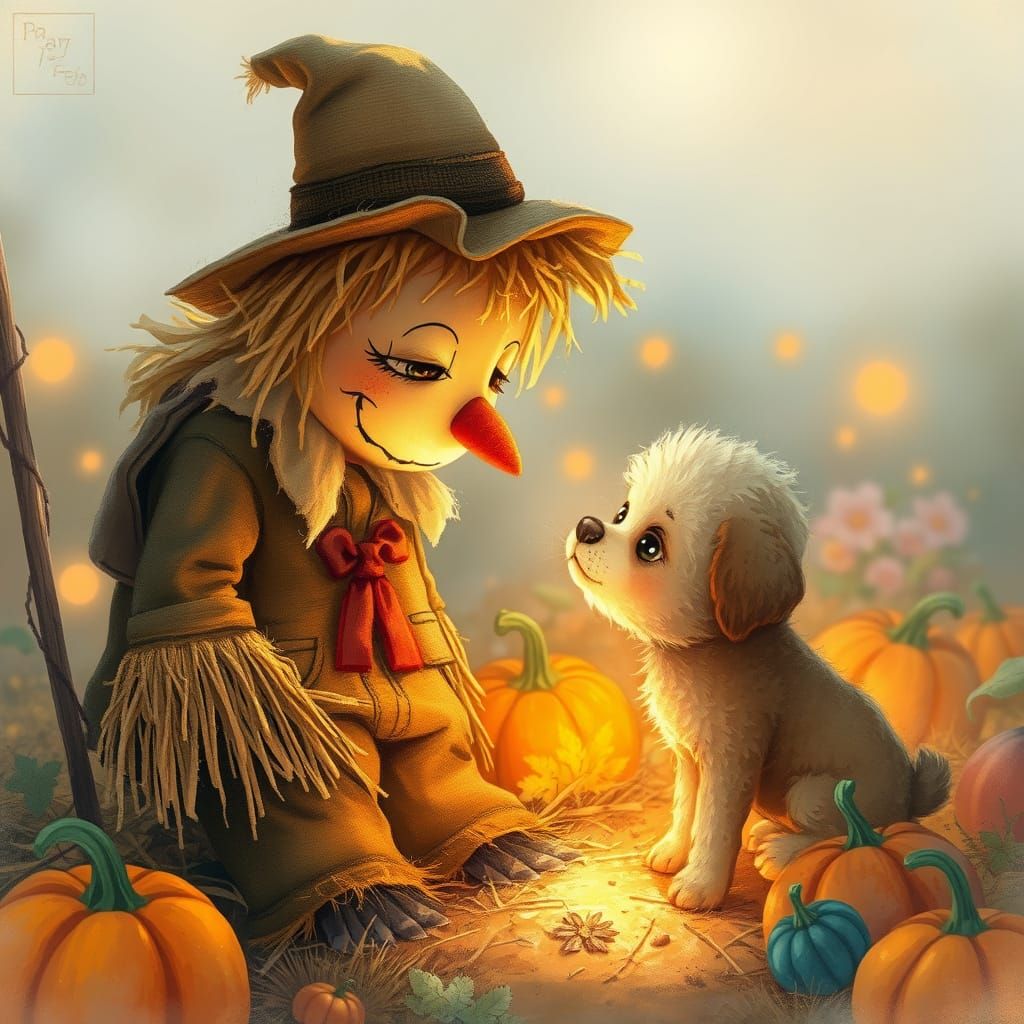 Scarecrow and Puppy Share Tender Moment in Magical Light