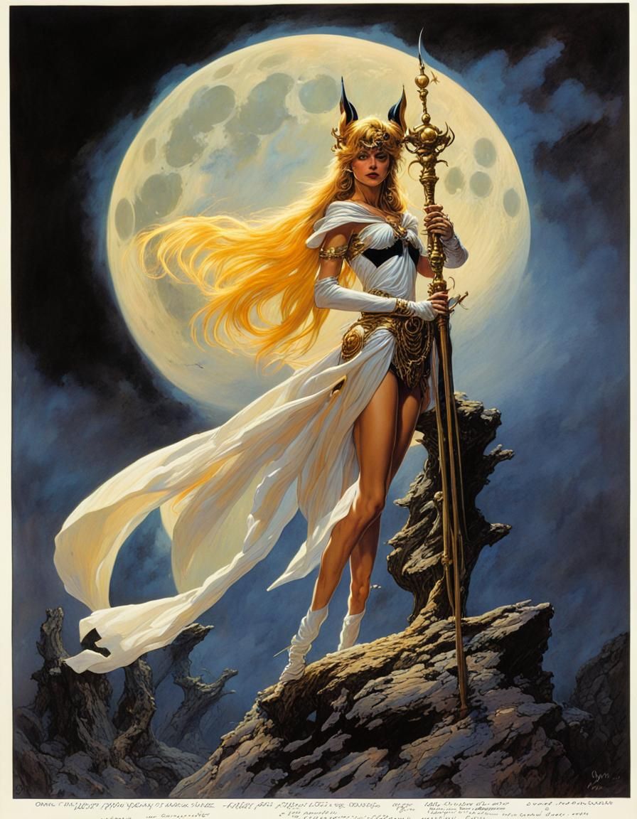 16k resolution, art by Bernie Wrightson, Boris Vallejo, Frank Frazetta, Sailor Moon in dark fantasy, ethereal warrior pr...