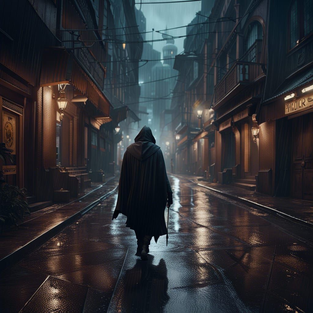 Cloaked Figure in Rainy City: Detailed Matte Painting