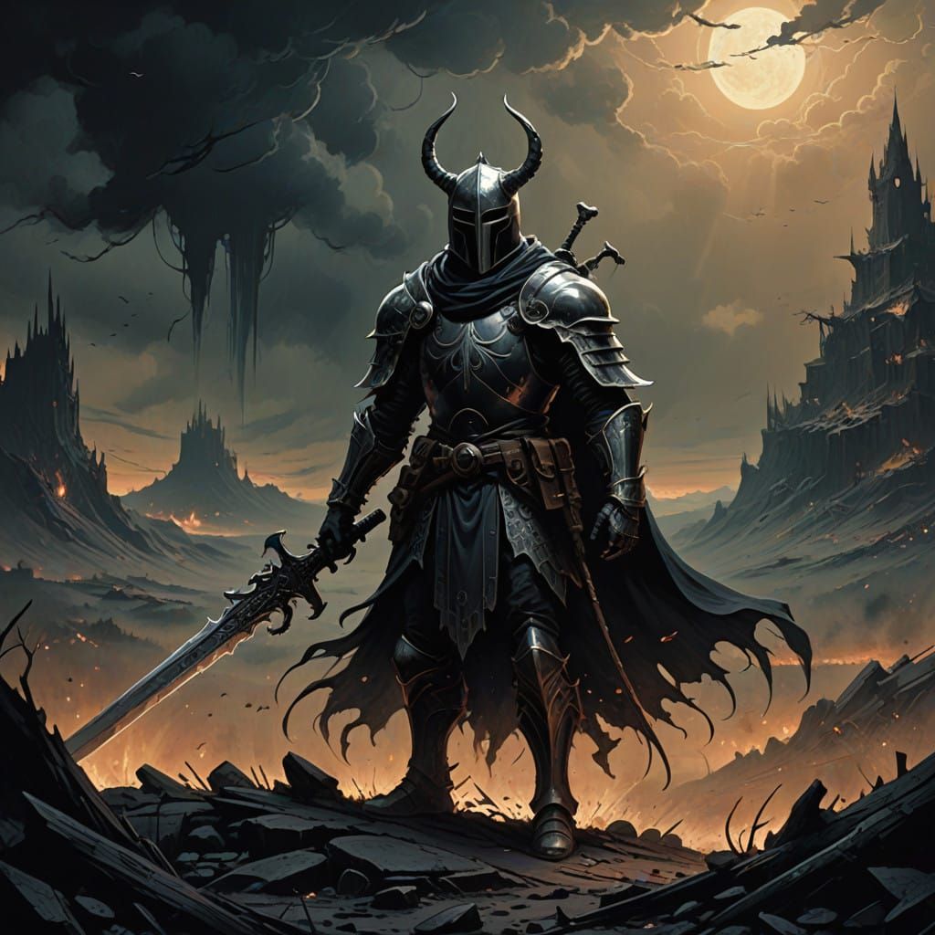 Spectral Knight Stands Vigilant on Battle-Scarred Landscape
