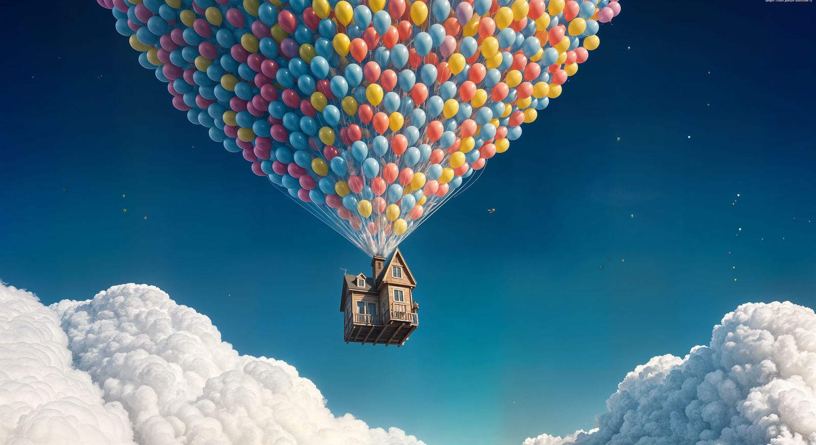 Colorful House Ascends Skyward on Balloons: Pixar Style