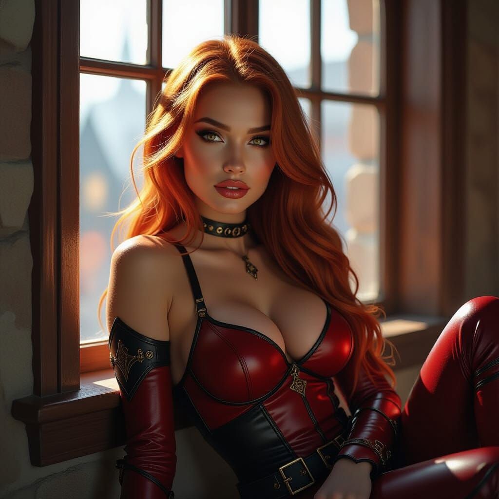 Young Ginger Woman in Leather Armour Gazes Out Window