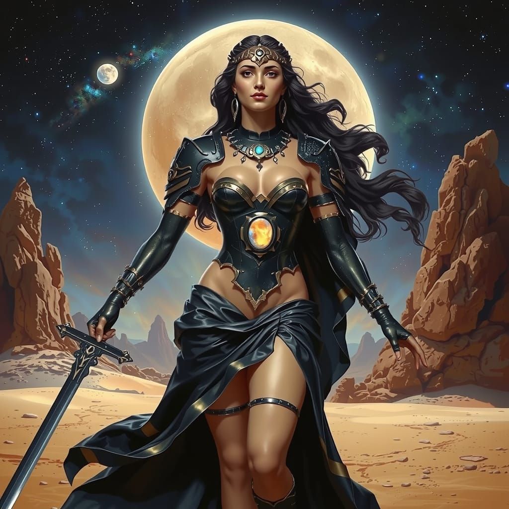 Warrior Queen Statue in Starlit Desert