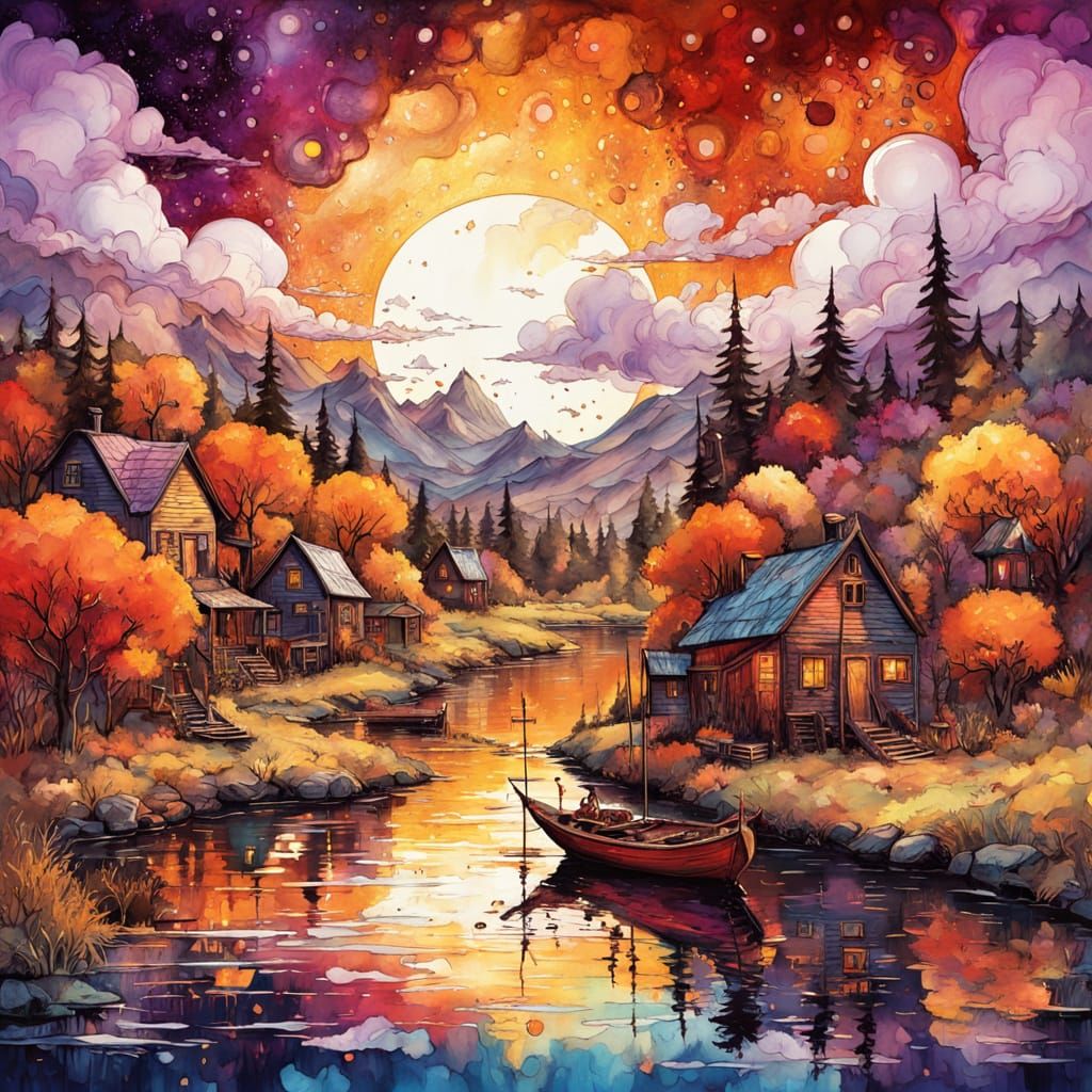 Sailboat Sunset in Alcohol Ink and Watercolor Style