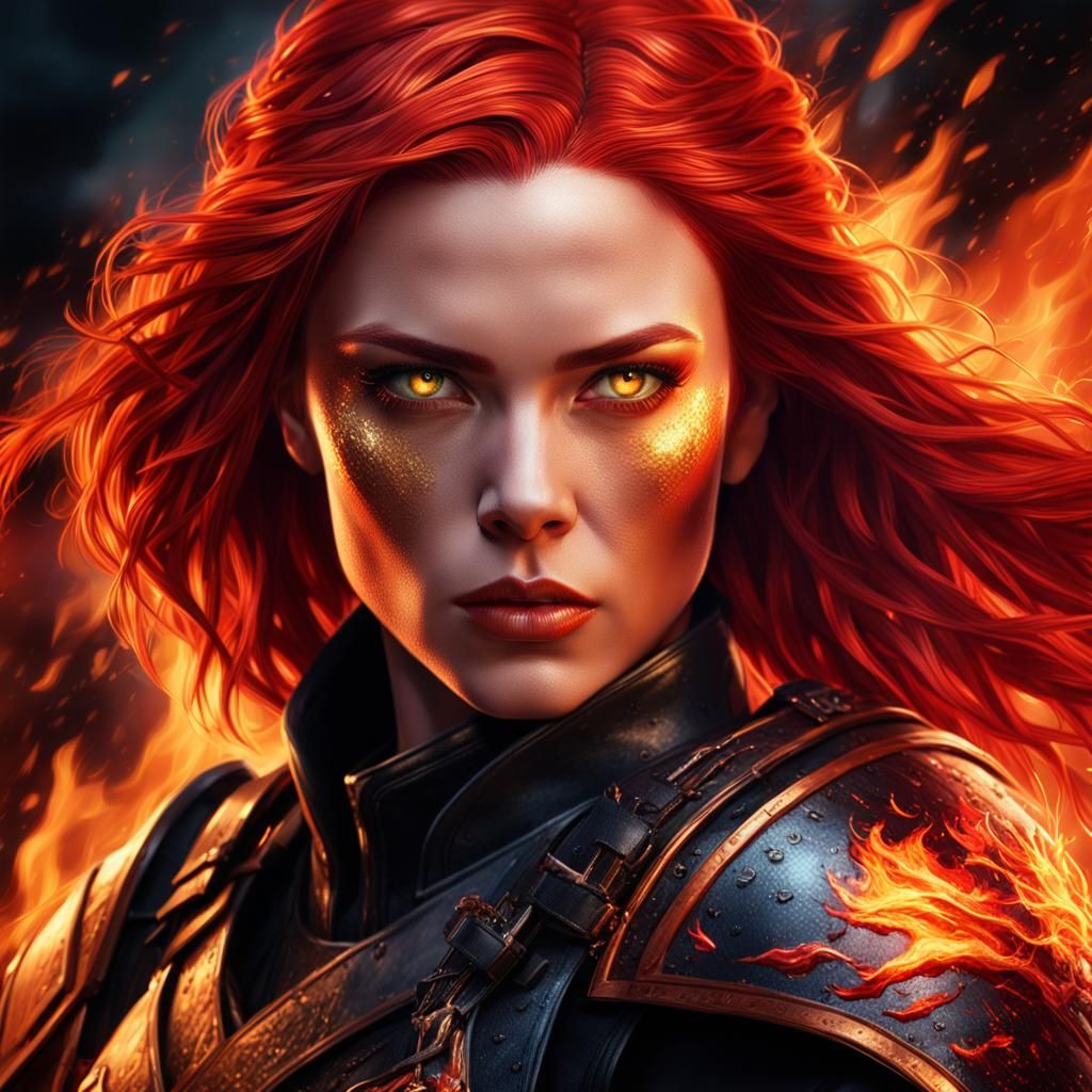 Intense Portrait of Scarlett Valor in Fiery Light