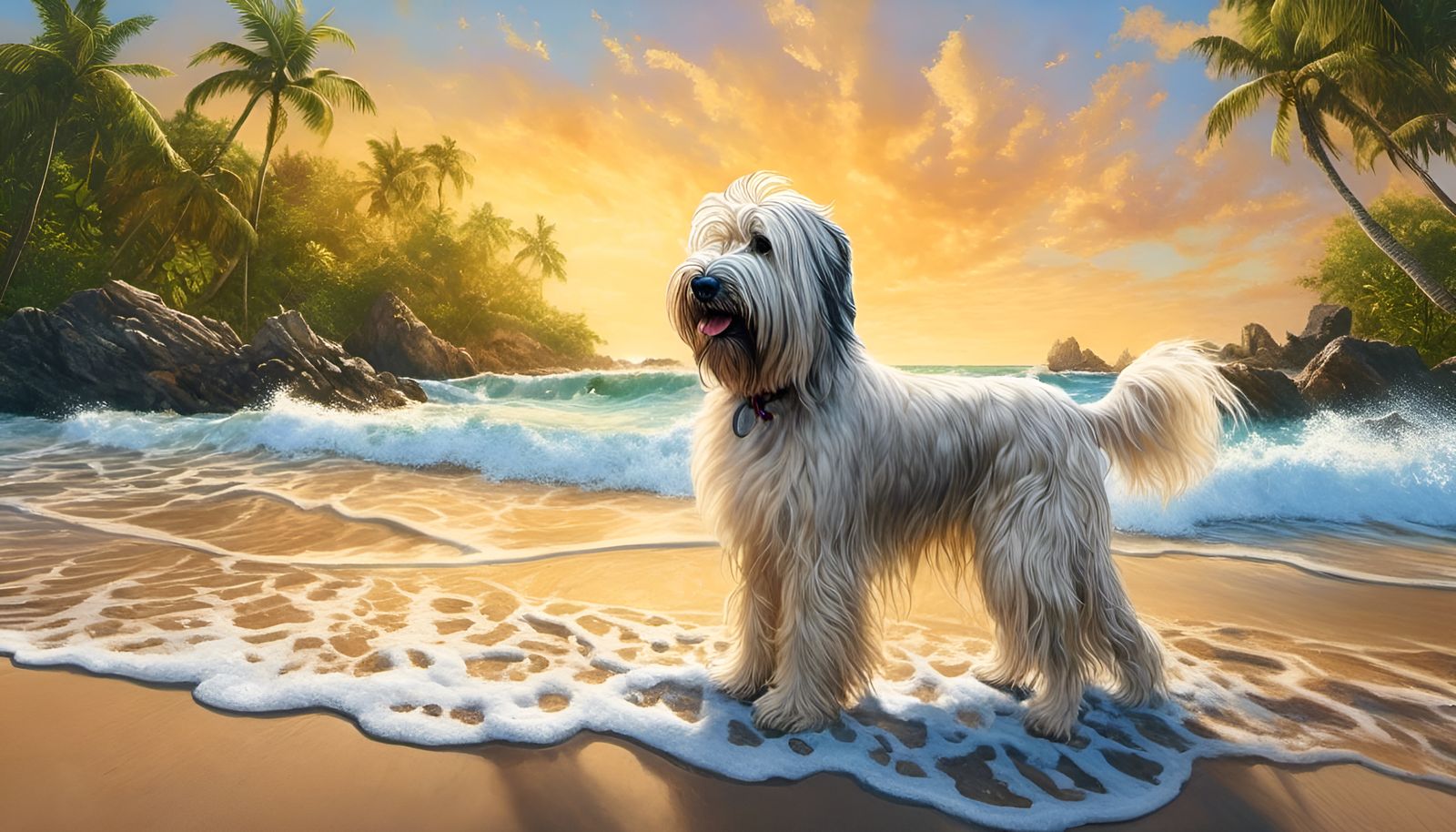 Dog on Tropical Beach in Splash Art Style