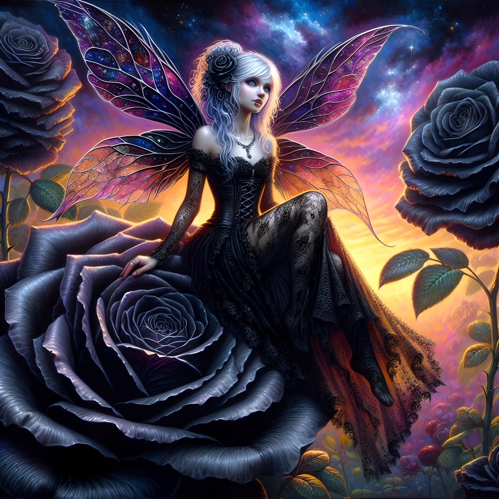 Gothic South Asian Fairy on Black Rose