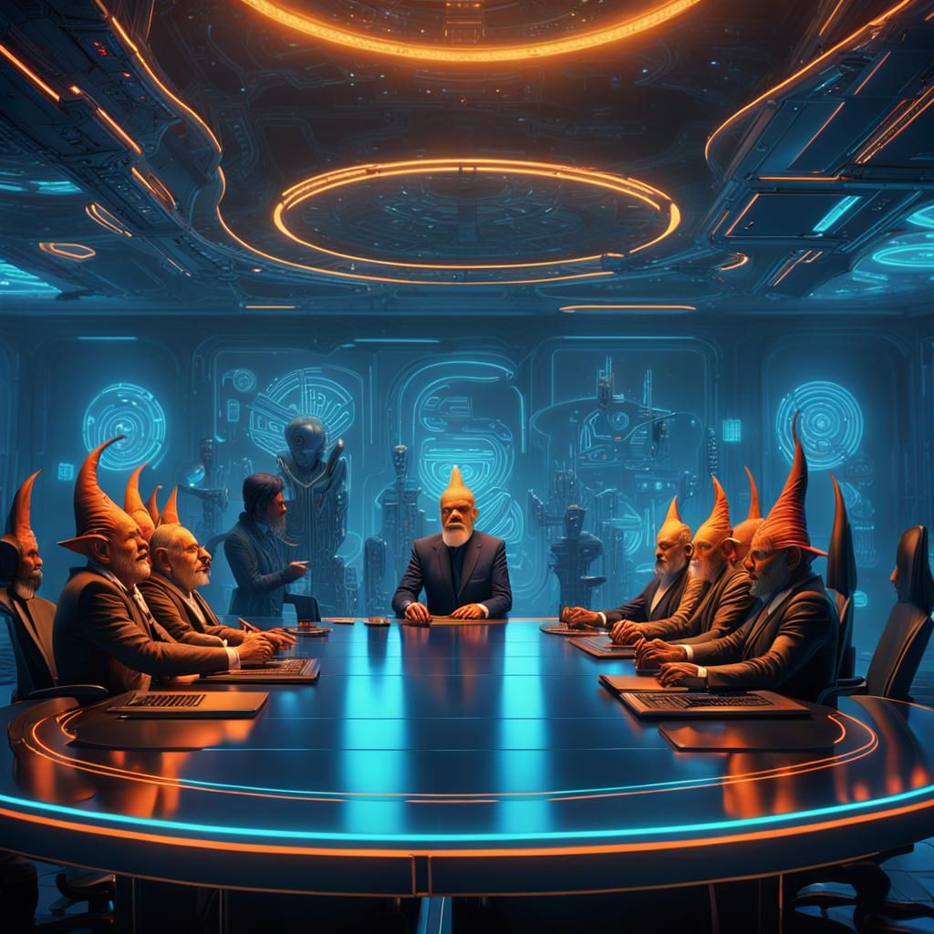 Gnomes Conduct Business in Cyberpunk Boardroom