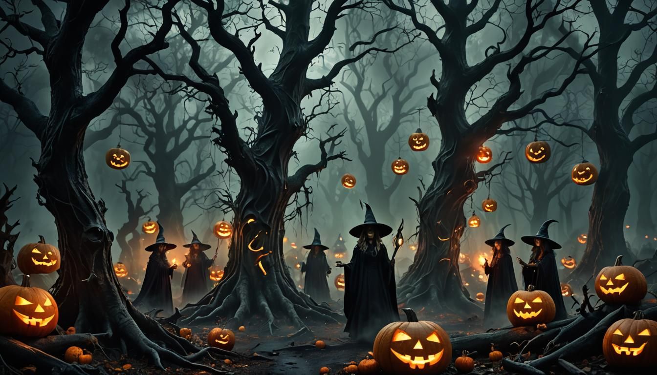 Eerie Witches Gather in Spooky Forest: Digital Art