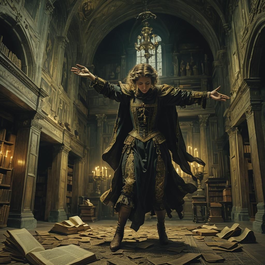 Stressed Woman in Library, Italian Renaissance Style