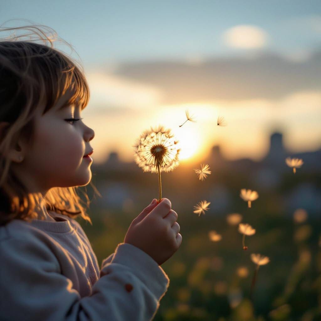 Child Releases Dandelion Seed Head at Dusk