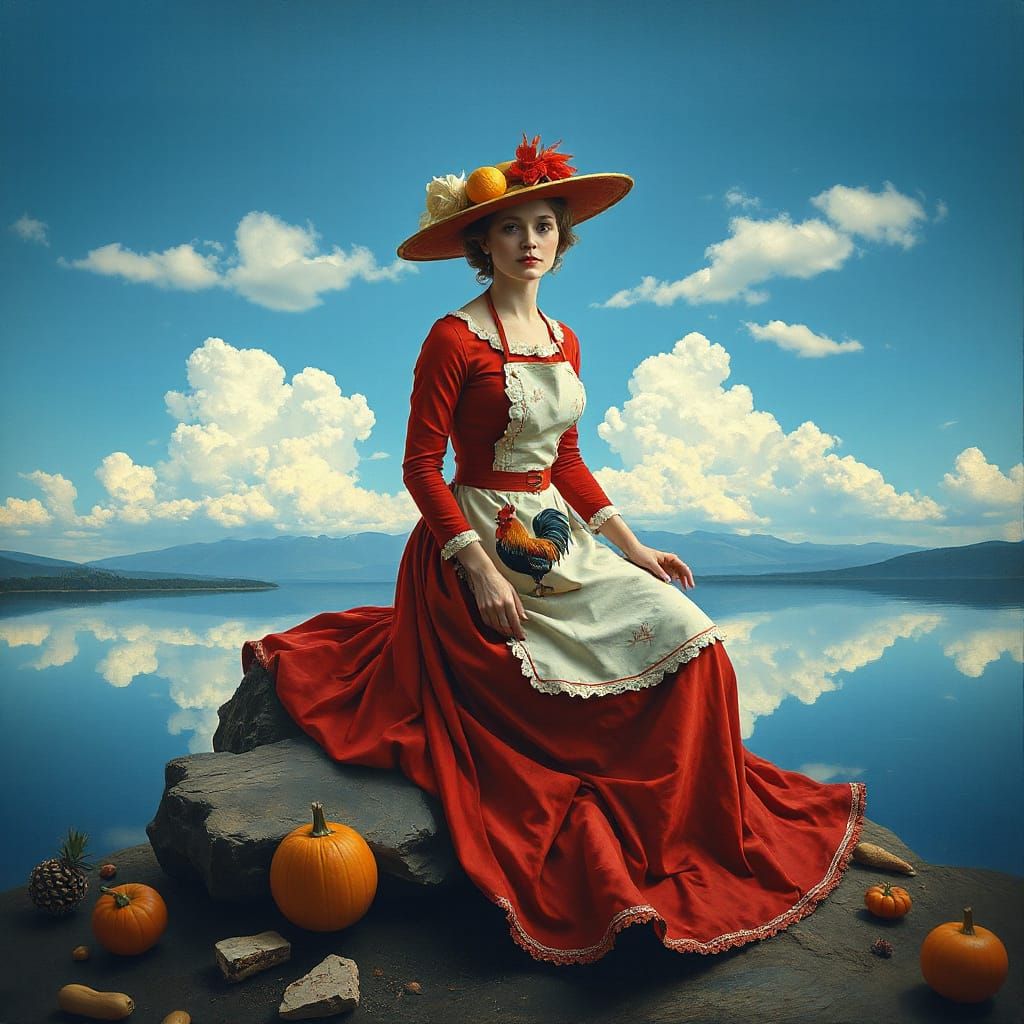 Elegant Woman in Red Dress with Table Hat by Lake