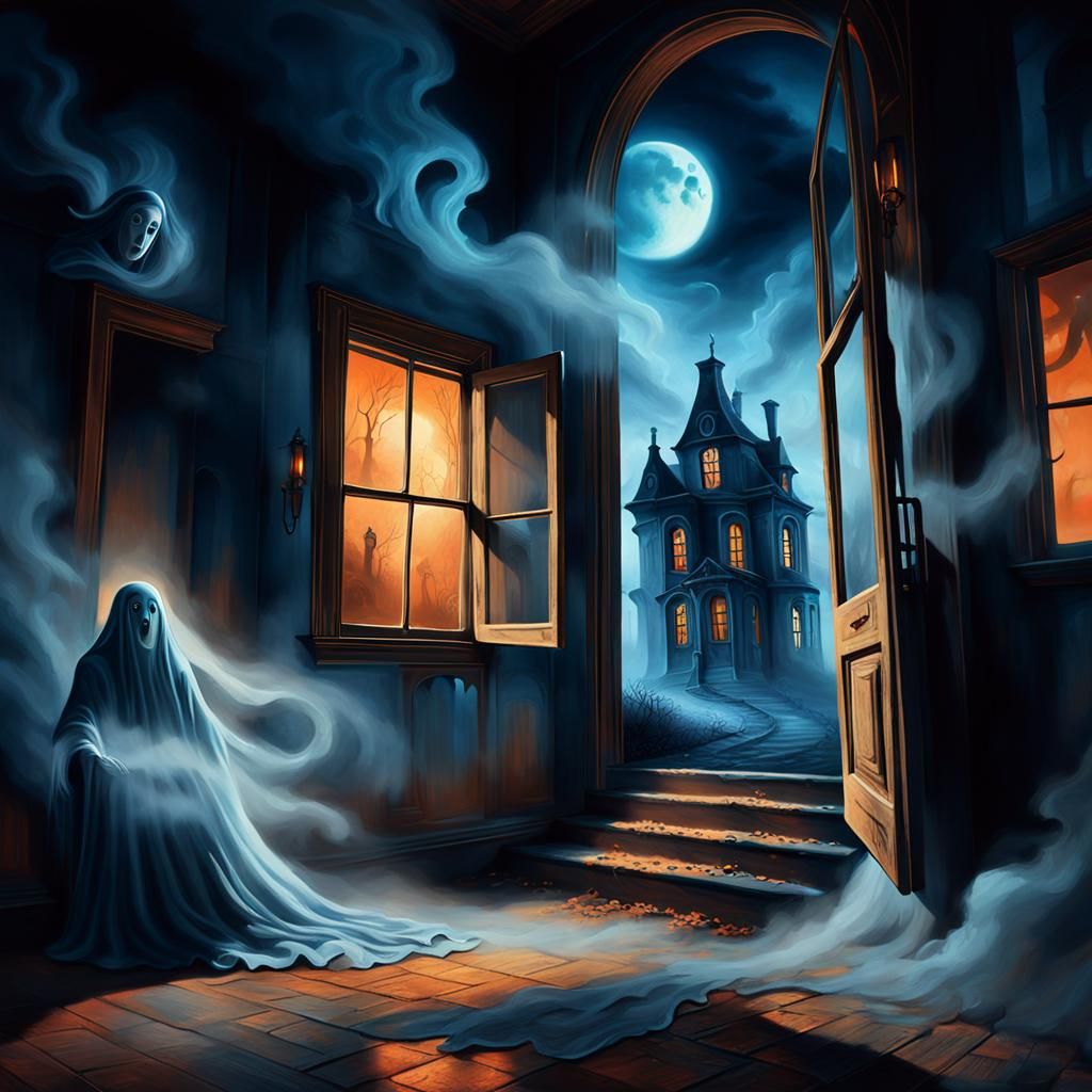 Eerie Haunted House with Ghost in Surreal Oil Painting