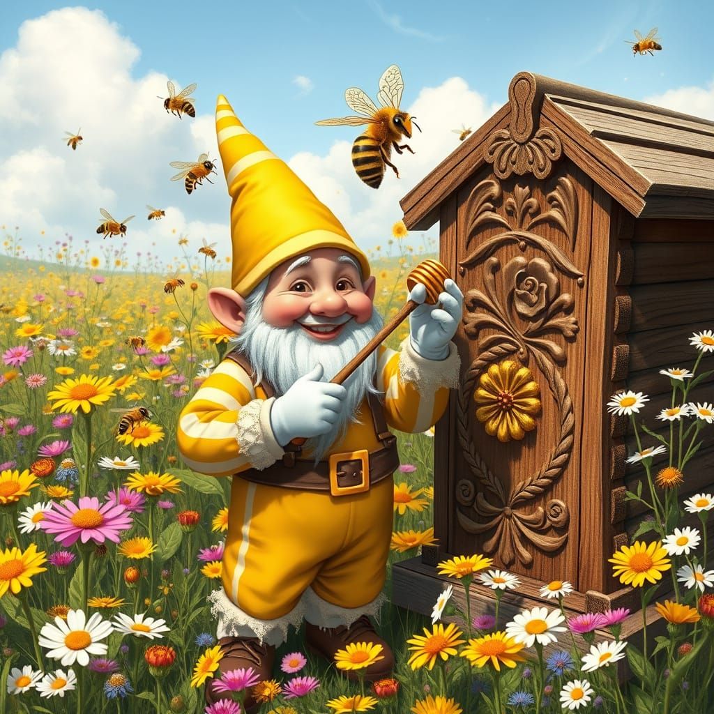 Whimsical Gnome Beekeeper Collects Honey in a Vibrant Englis...