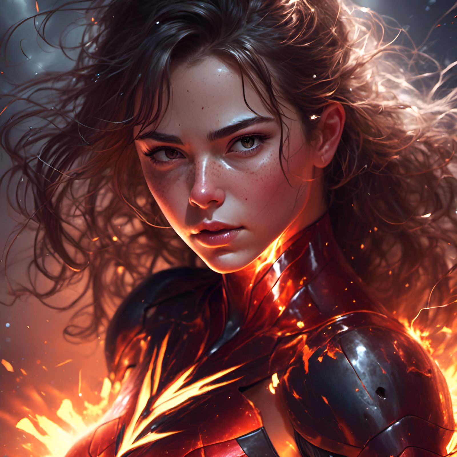 Fire Superhero Portrait with Lightning