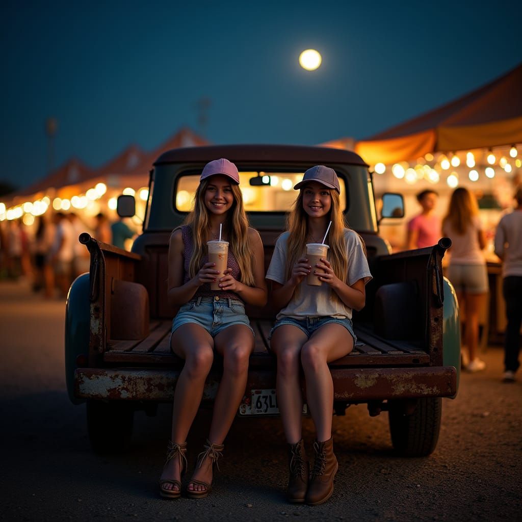 Teenage Girls Enjoying Boba Tea at Night Farmer's Market