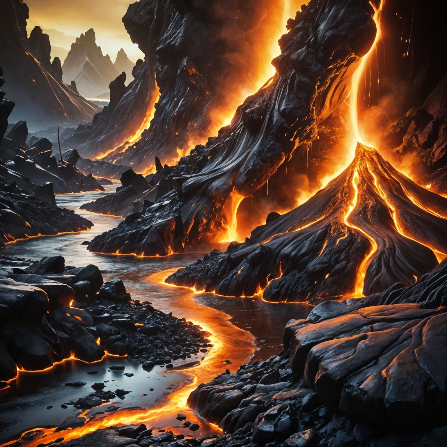 Molten Magma Flowing Through Volcanic Landscape
