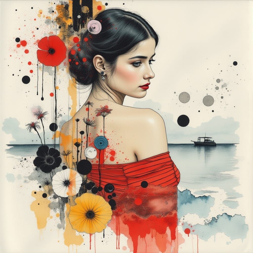 Surreal Urban Goddess in Striped Sundress with Gold Embroide...