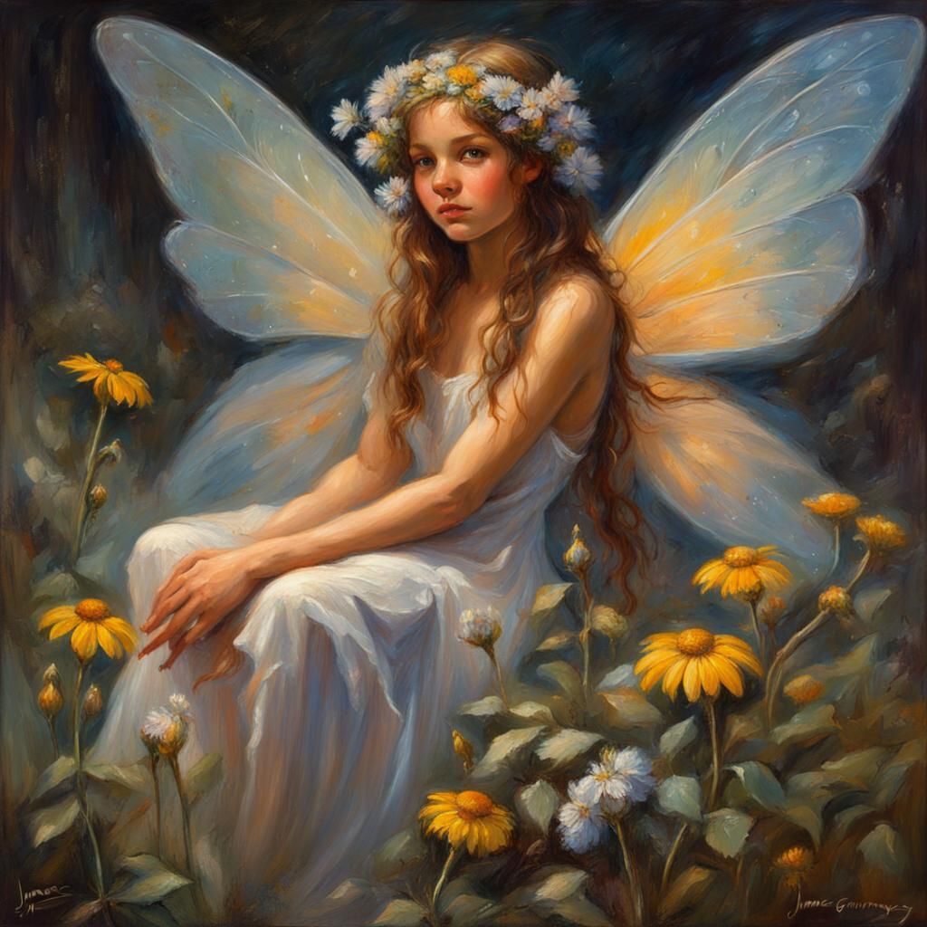 Enchanting Fairy on Flower, Oil Painting Style