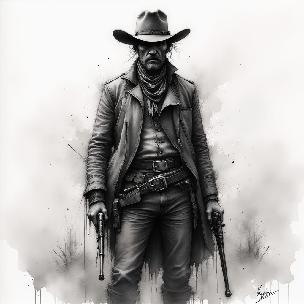Lone Gunslinger in Dramatic Charcoal Drawing