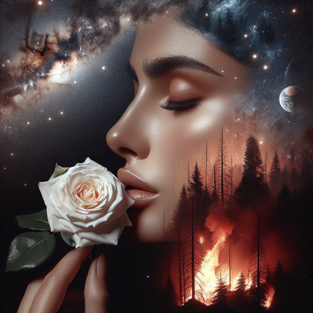 Hyperrealistic Portrait: Woman, Wildfire, and Space