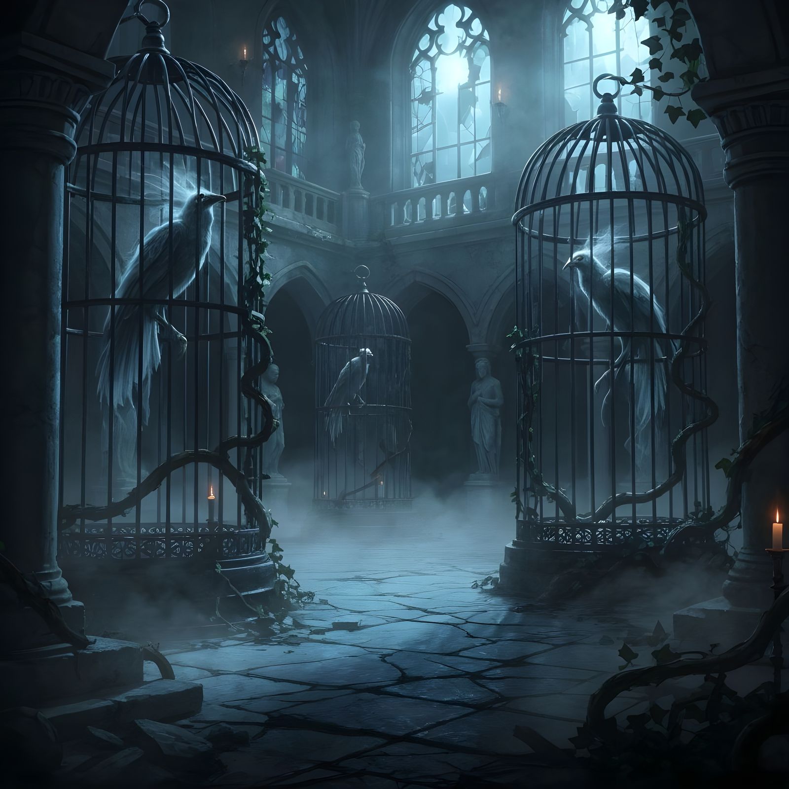 Eerie Gothic Courtyard with Spectral Birds