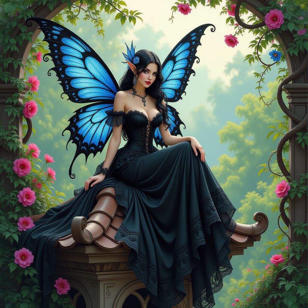 Gothic Fairy on Birdhouse in Lush Garden