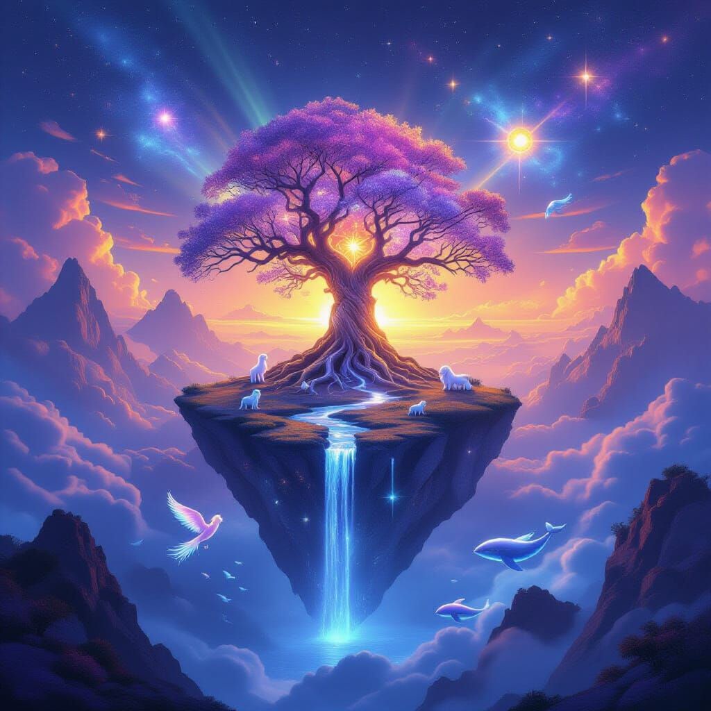 Celestial Tree at Universe's Edge, Fantasy Painting