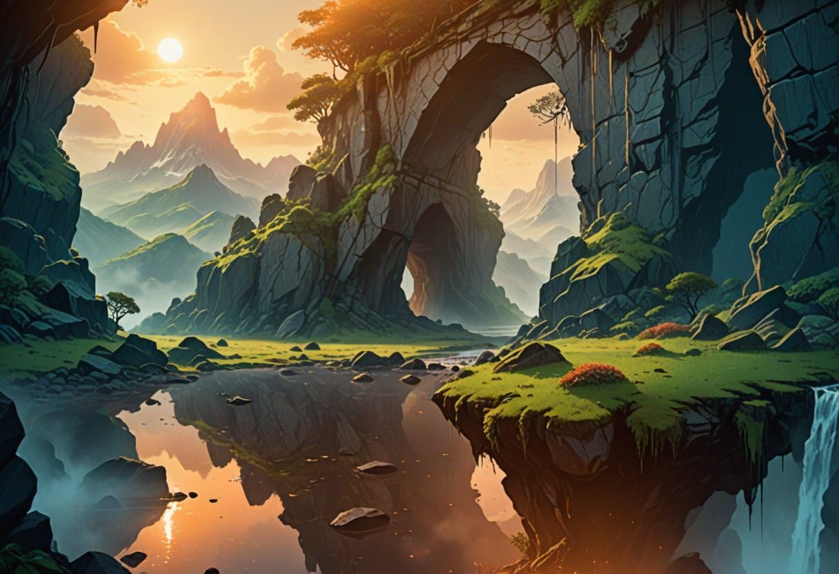 Fantasy Cave Entrance Under Misty Mountains