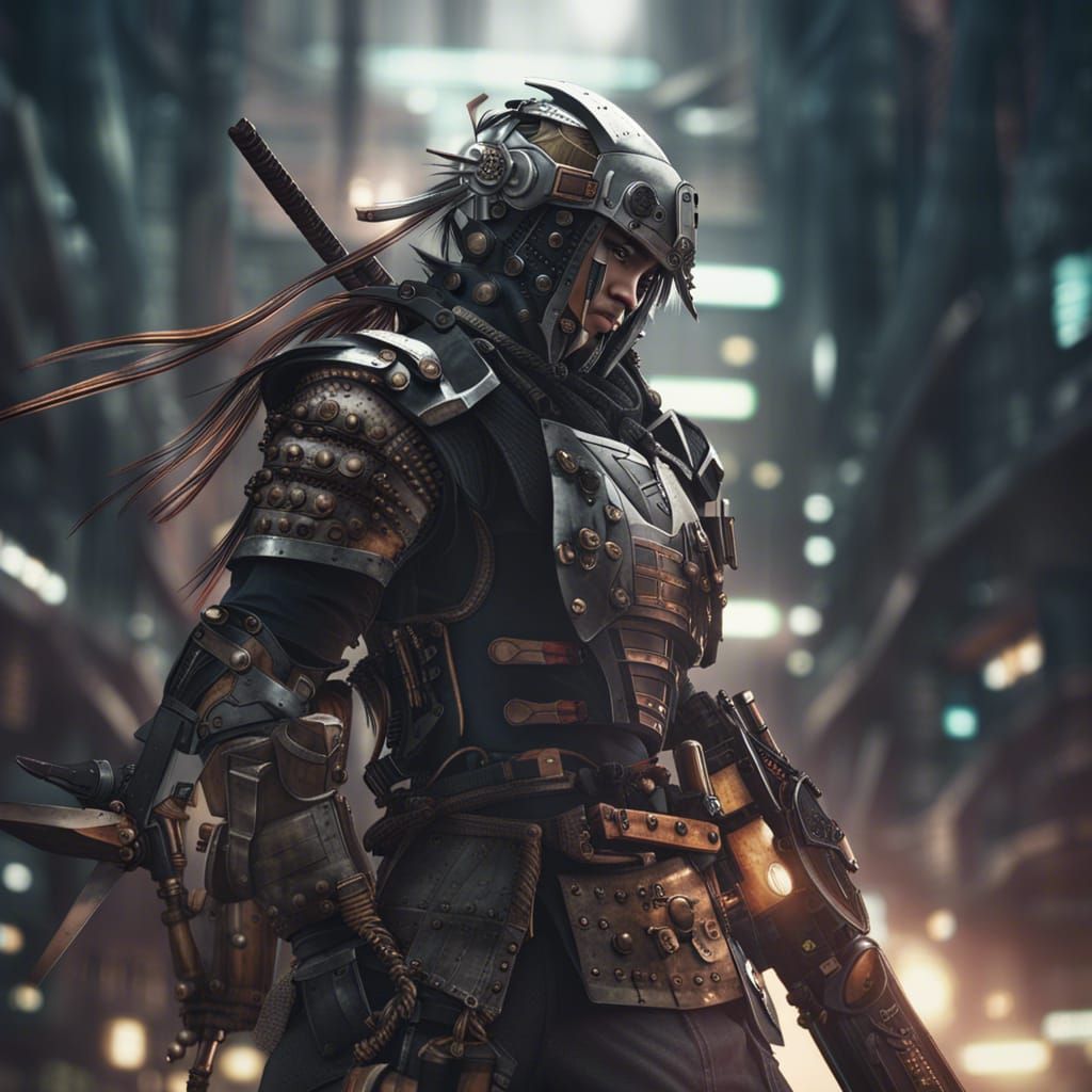 Cybernetic Samurai in Post-Apocalyptic Anime Scene