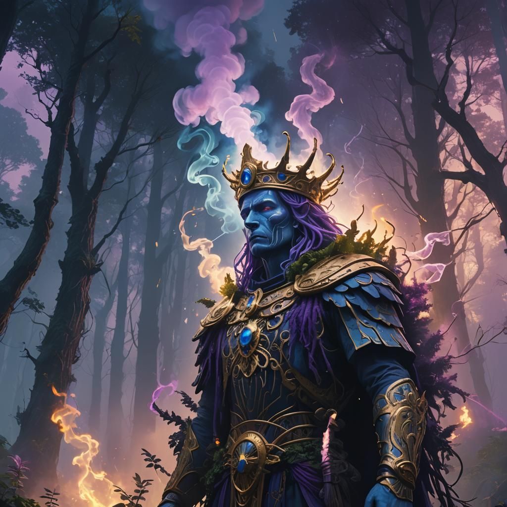 Majestic Figure Smoking in Mystical Forest