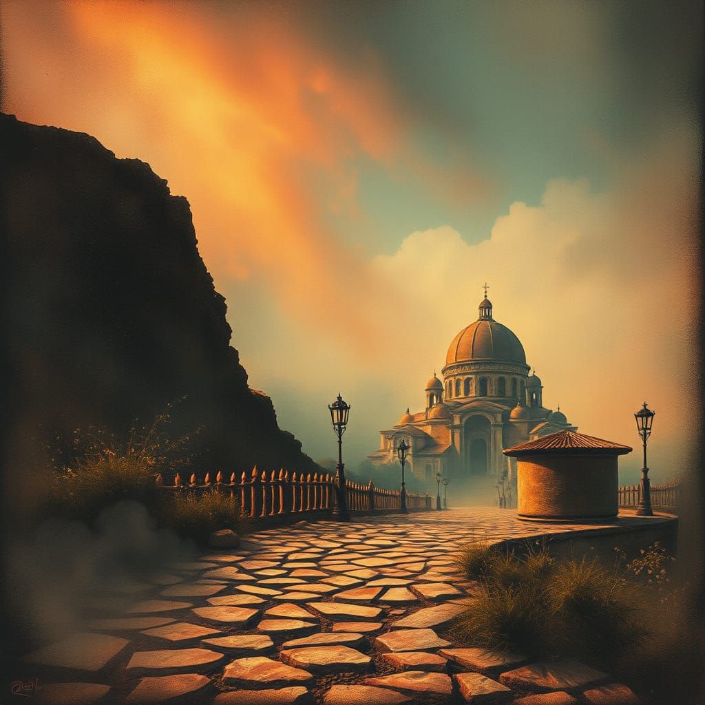 Dreamy Monastery in Monotype Printmaking Style