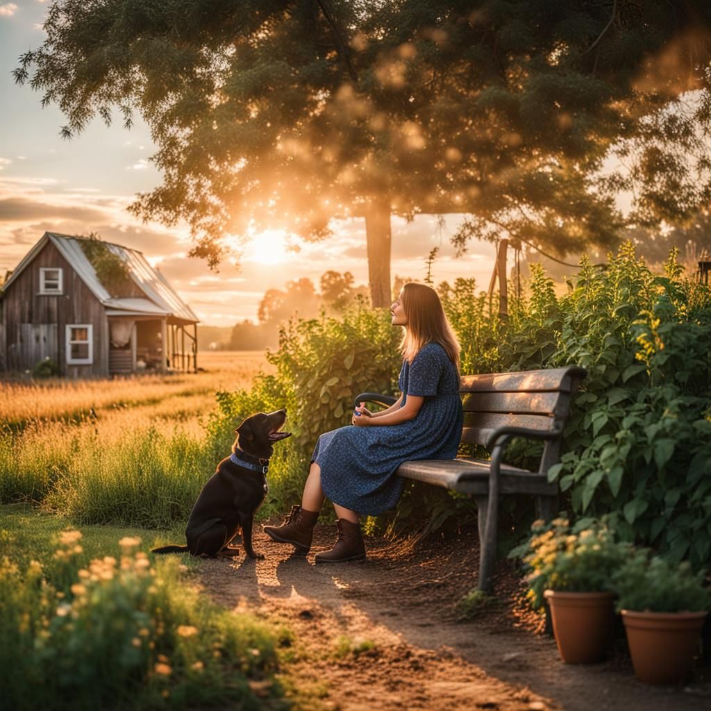 Woman and Dog Enjoying Sunrise
