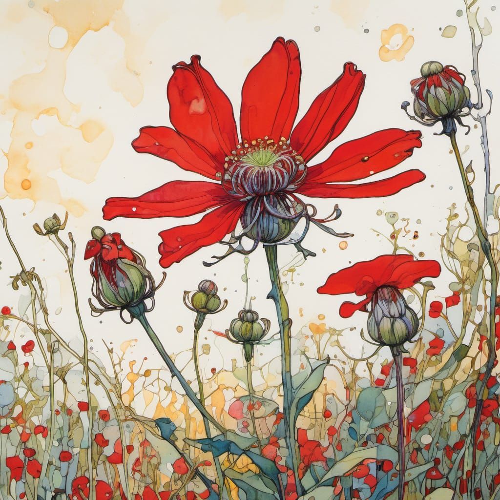 Intricate Red Wildflower Inspired by Klimt and Mackintosh