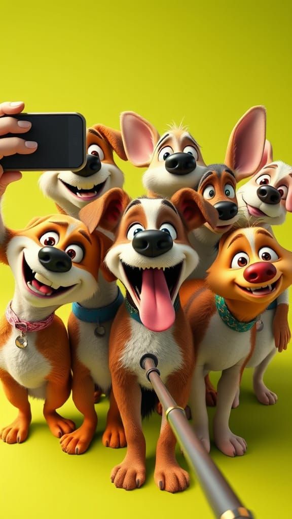 Pets Take a Joyful Selfie in Vibrant Digital Art