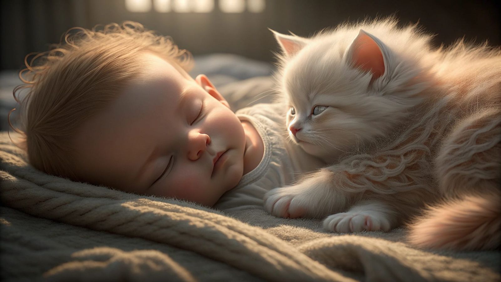 Fluffy Kitten Gazes Tenderly at Newborn Baby