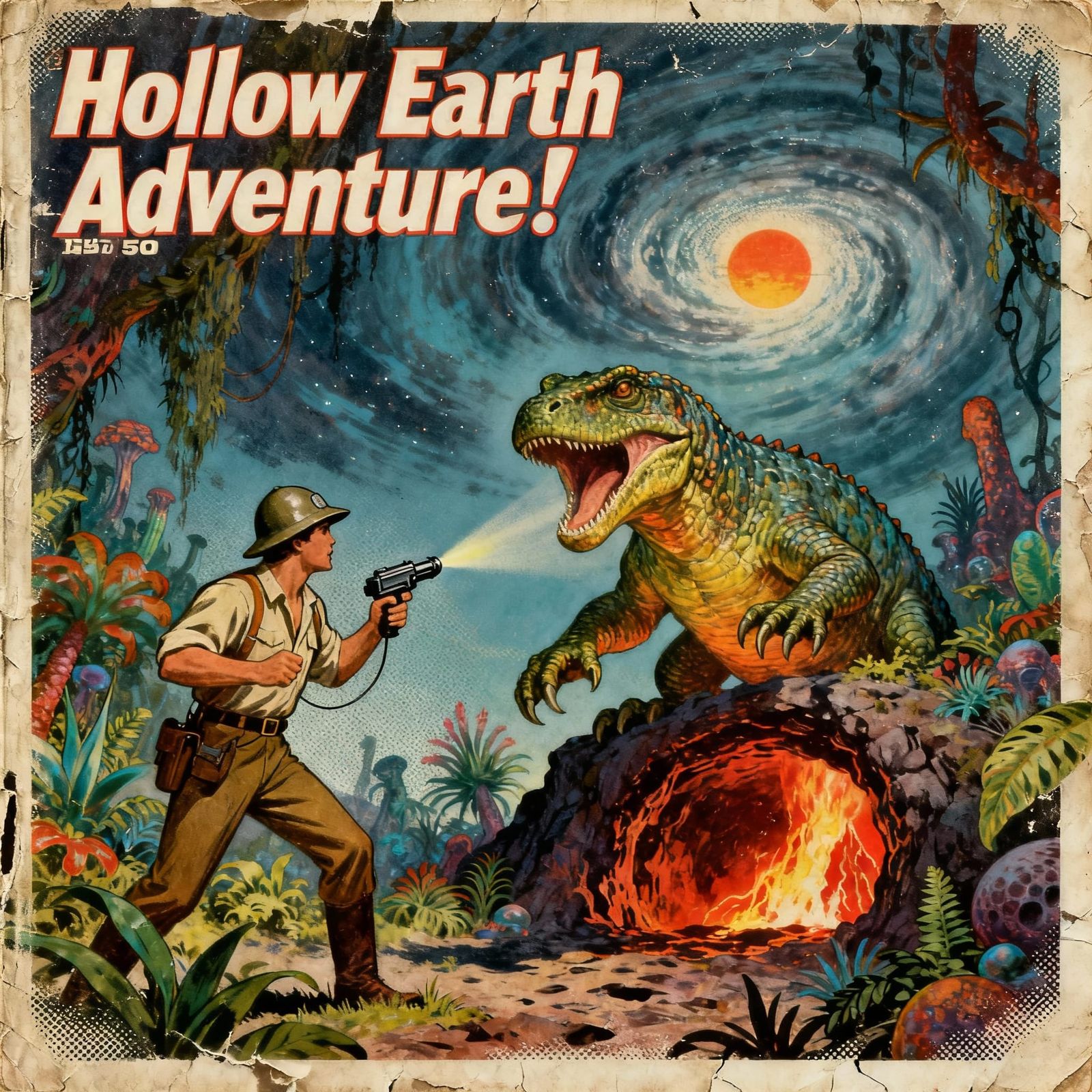 Hollow Earth Adventure Pulp Cover with Explorer and Reptile