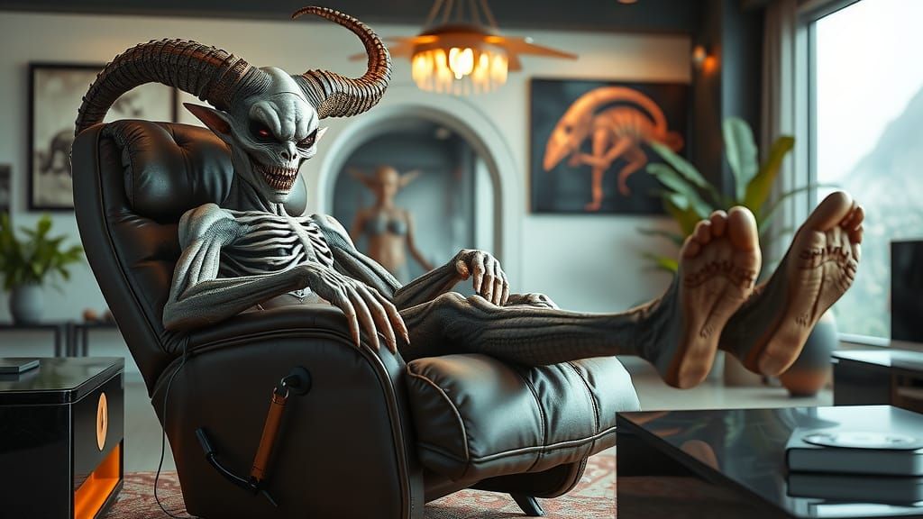 Photorealistic Alien Relaxation in High-Tech Living Room