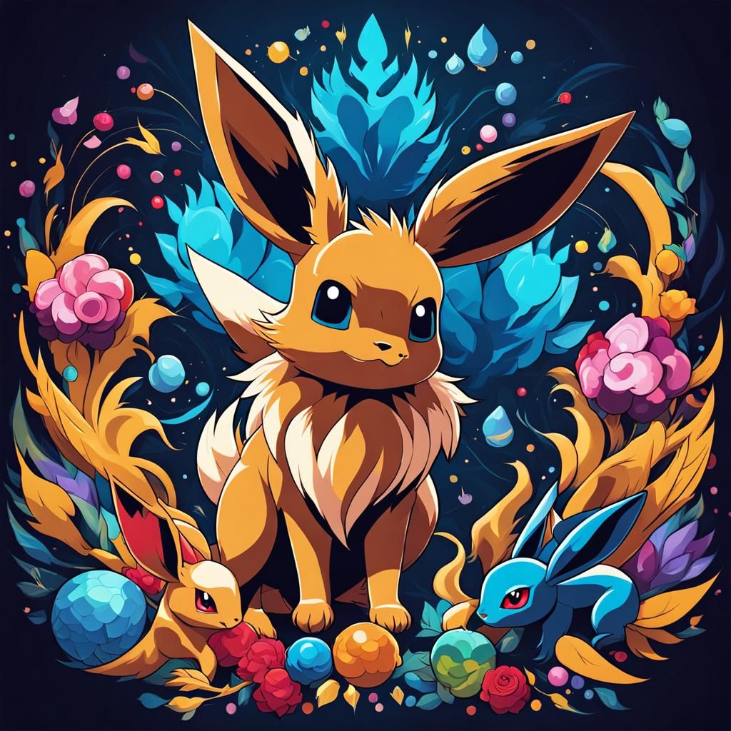 Eevee Pokemon Surrounded by Evolutions in Abstract Art