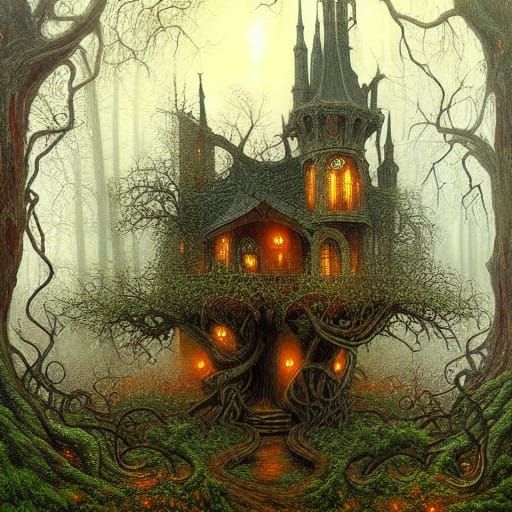 Gothic Treehouse in Fog with Jeweled Ornaments