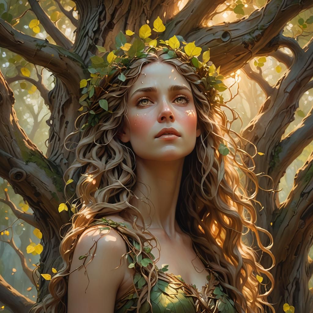 Dryad in Ancient Tree Roots: Oil Painting Style