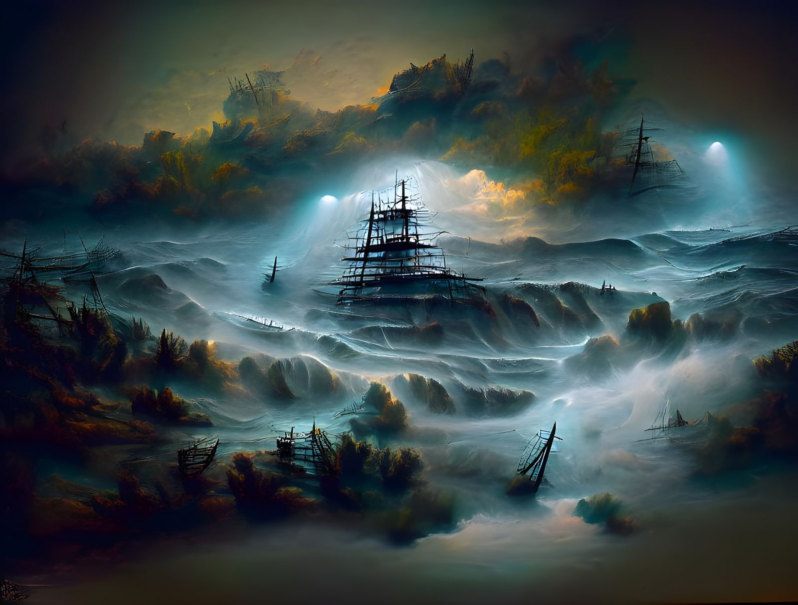 Ethereal Ghost Ship Sailing Through Luminous Clouds
