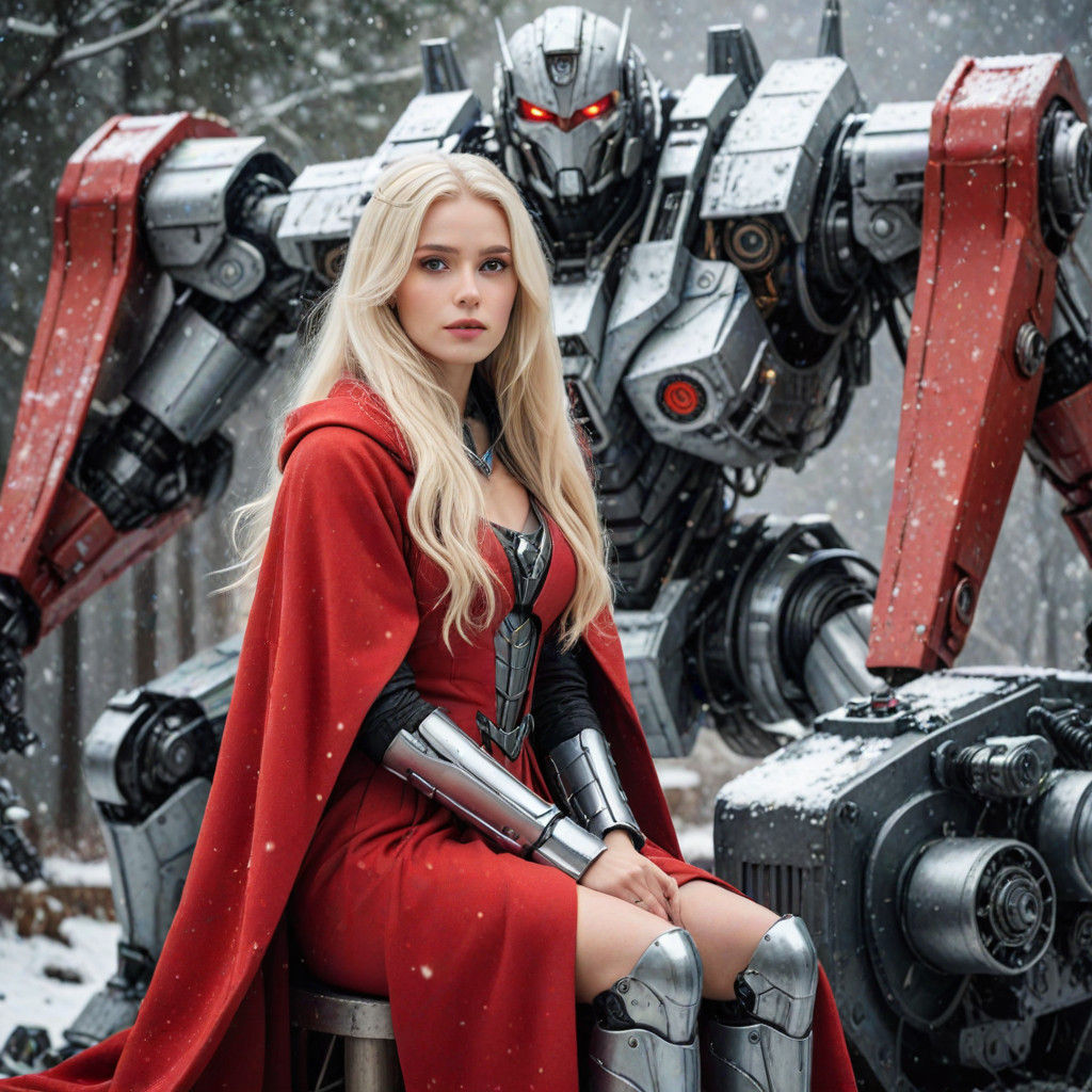 Ethereal Warrior Beside Cybernetic Guardian in Snowy Galaxy